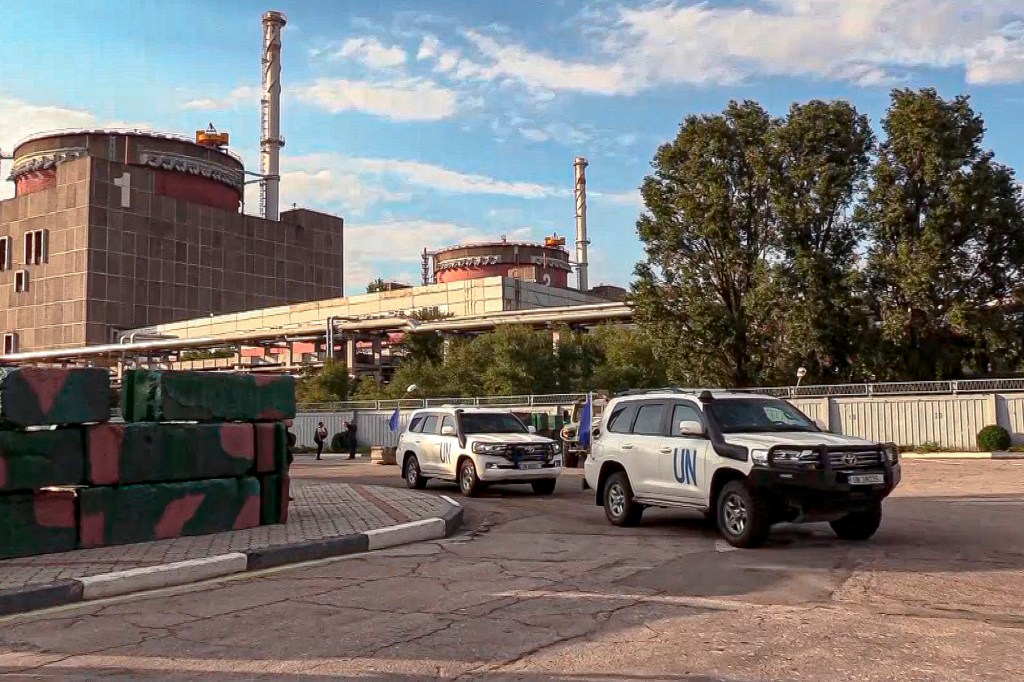 a motorcade with members of International Atomic Energy Agency (IAEA) leaves after inspecting the Zaporizhzhia Nuclear Power Plant in Enerhodar.