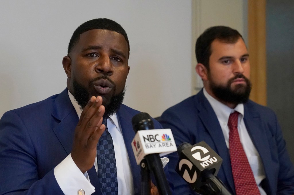 Attorney Adanté Pointer speaks about the case at a press conference on Monday.