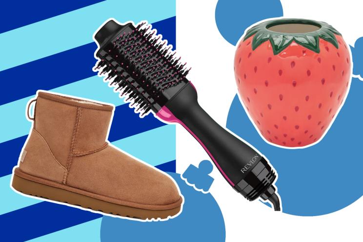 An UGG boot, brush and strawberry vase