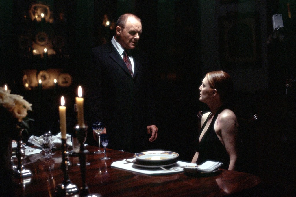 384593 04: Actors Anthony Hopkins stars as Dr. Hannibal Lecter and Julianne Moore stars as FBI Agent Clarice Starling in Metro-Goldwyn-Mayer Pictures'' (and Universal Pictures in association with Dino De Laurentiis) thriller "Hannibal." (Photo by Phil Bray/MGM Pictures/Universal Pictures/Dino DeLaurentiis)