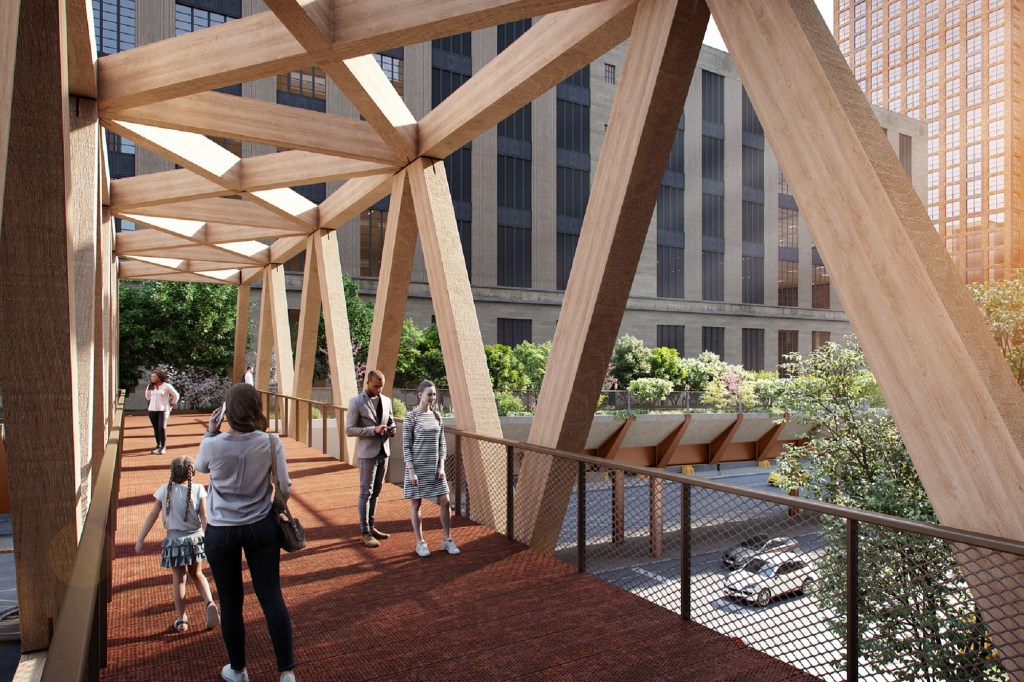 Exterior of the High Line's mass-timber bridge. 