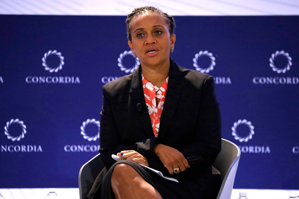 Sheena Wright, Deputy Mayor, Office of the Mayor, City of New York, Co-Chair of the Gun Violence Prevention Task Force speaks on stage for Innovative Approaches to Combating Gun Violence Through Public Safety and Preventative Social Programs & Partnerships during The 2022 Concordia Annual Summit - Day 1 at Sheraton New York on September 19, 2022 in New York City.