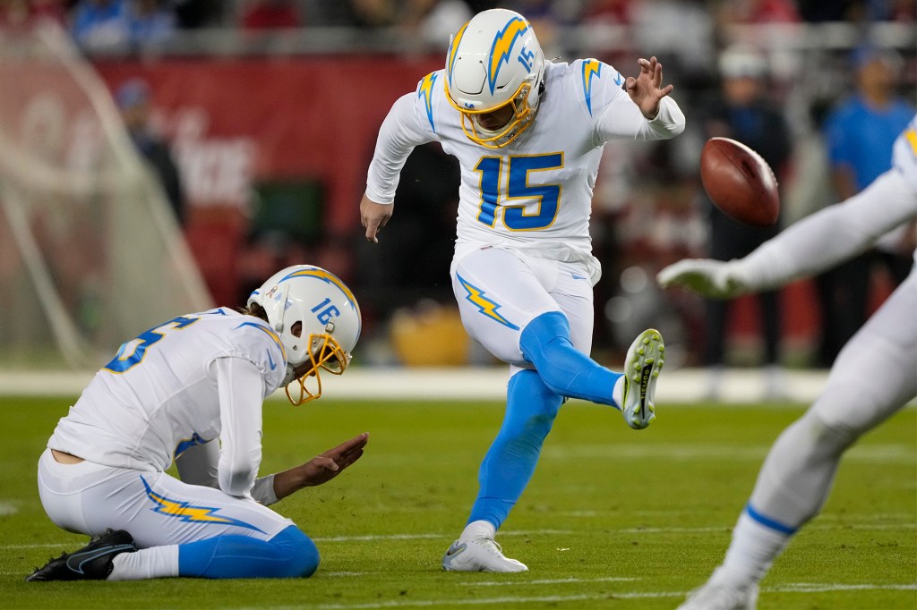 Chargers kicker Cameron Dicker (15) kicks a field goal against the 49ers on Nov. 13, 2022.