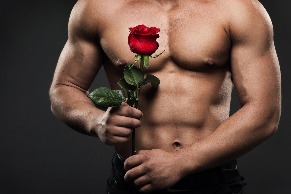 Muscular Shirtless Man Torso with Rose Flower, Sexy Athletic Boy Naked Body studio shot