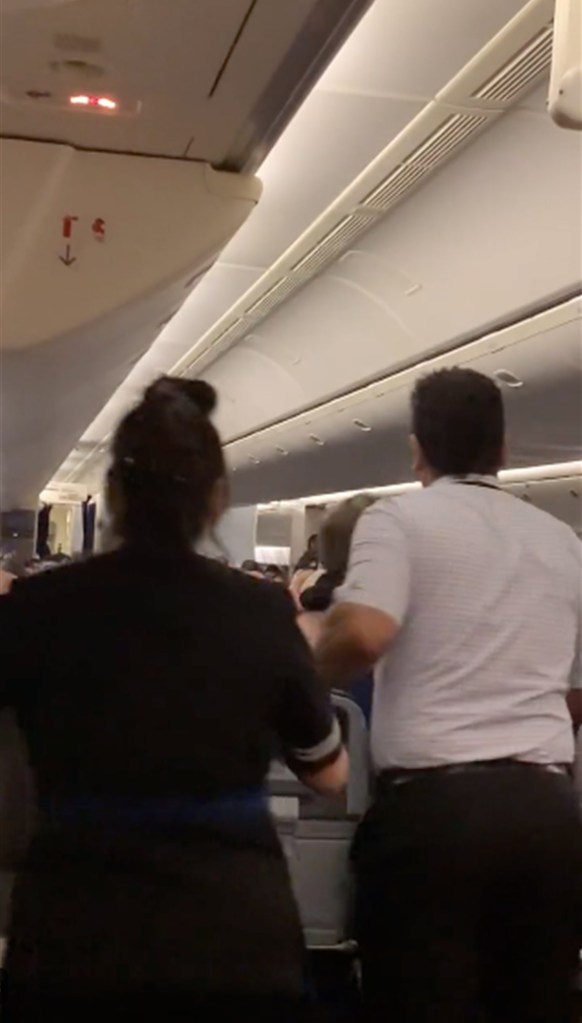 Flight attendants stand in the aisle of a plane with their backs to the camera