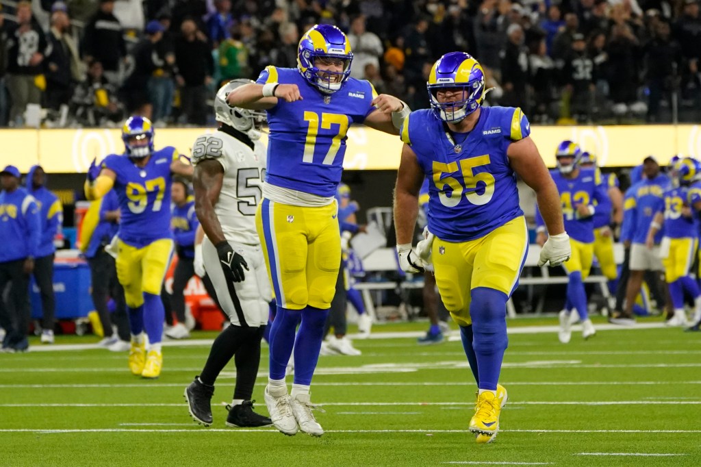 Baker Mayfield celebrates during the Rams' win over the Raiders.