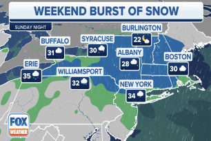 A few inches of snow will be expected from Sunday into Monday across the Northeast, including much of New York state, northern Pennsylvania and western New England.