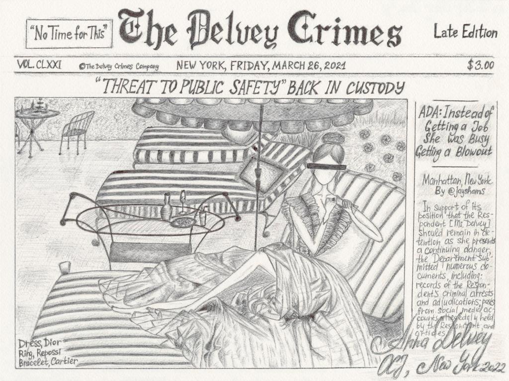 Sorokin created "The Delvey Crimes" earlier this year while in Immigration and Customs Enforcement custody, using colored pencils and correction facility pens.