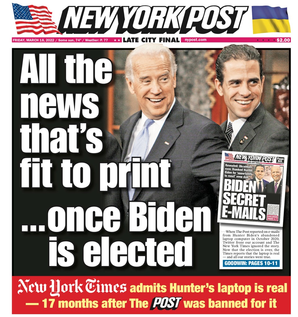 New York Post cover for Friday, March 18, 2022. 