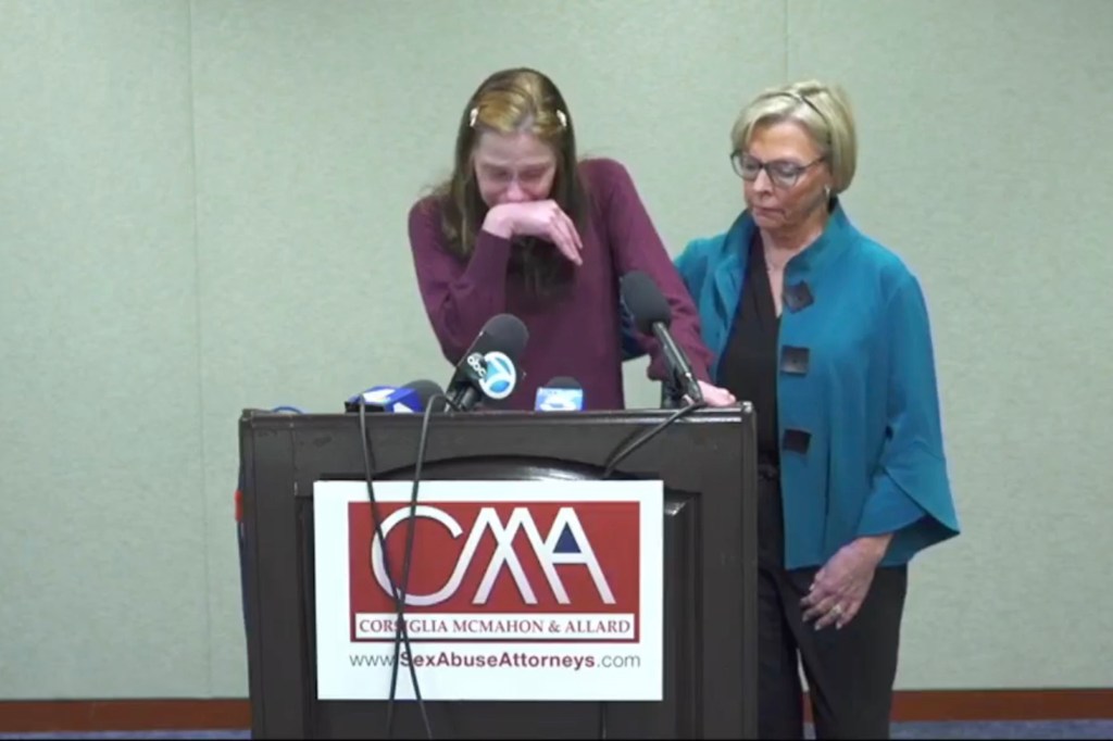 Shannon "Shay" Ruth is pictured crying Thursday at a presser as she recounted the alleged rape.