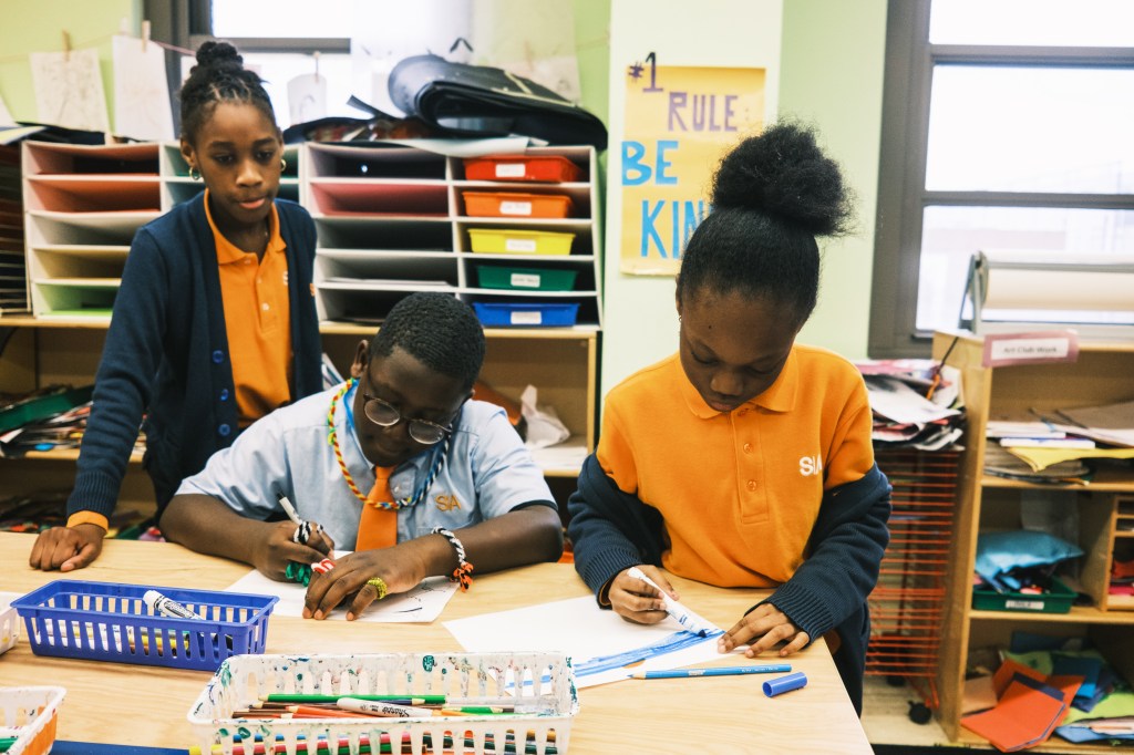 Students at Success Academy Harlem 2 in Manhattan participating in an art class.