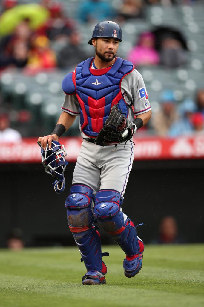 Isiah Kiner-Falefa catching for the Rangers in 2019.