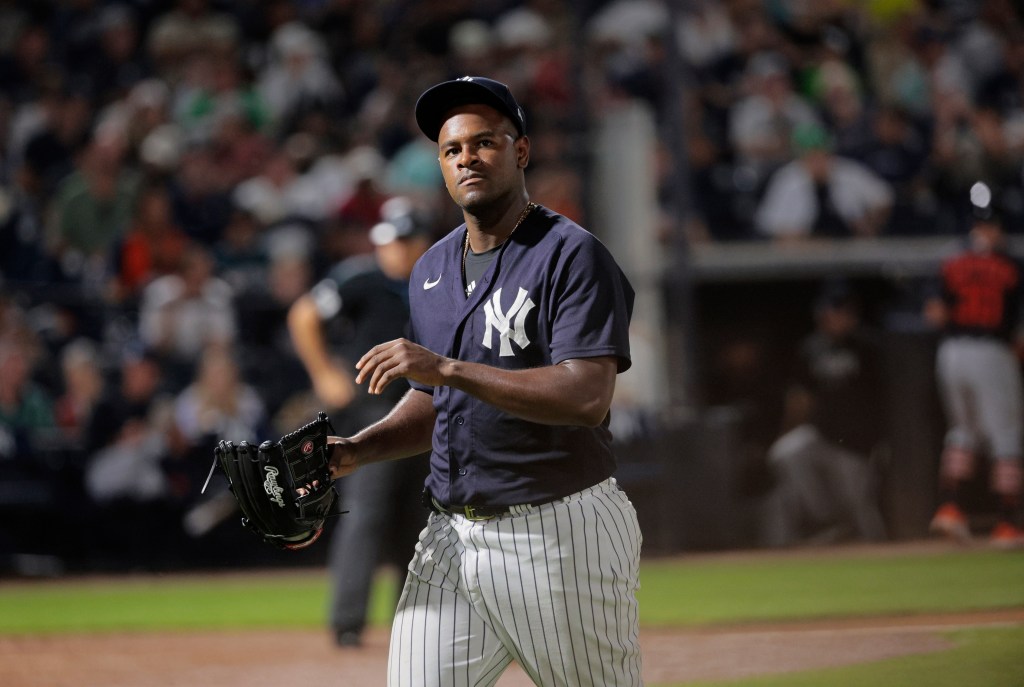 Luis Severino walks off the mound after he was taken out of the game in the 3rd inning against the Detroit Tigers.