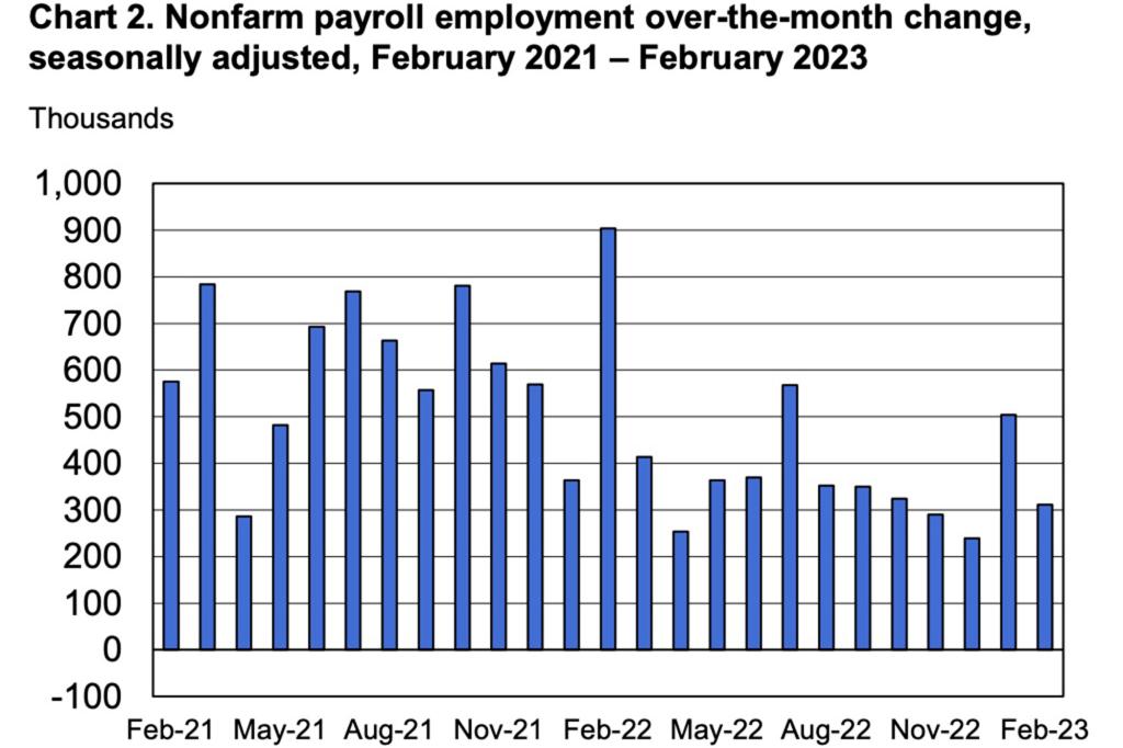 Total nonfarm payroll employment rose by 311,000 in February.