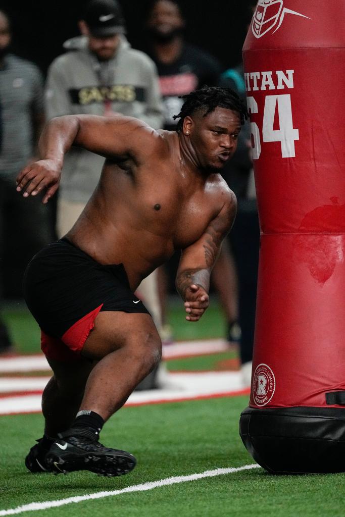 Former Georgia defensive lineman Jalen Carter runs football drills during Georgia's Pro Day, on March 15, 2023 in Athens, Ga.