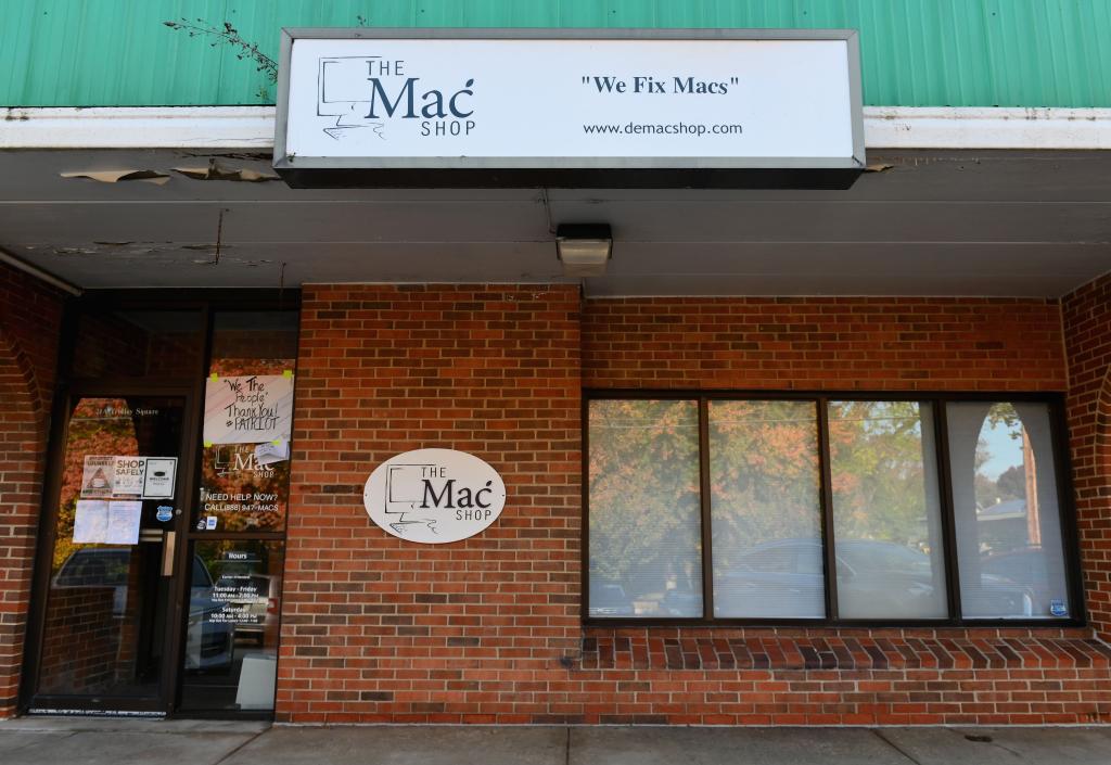 An exterior view of "The Mac Shop" .