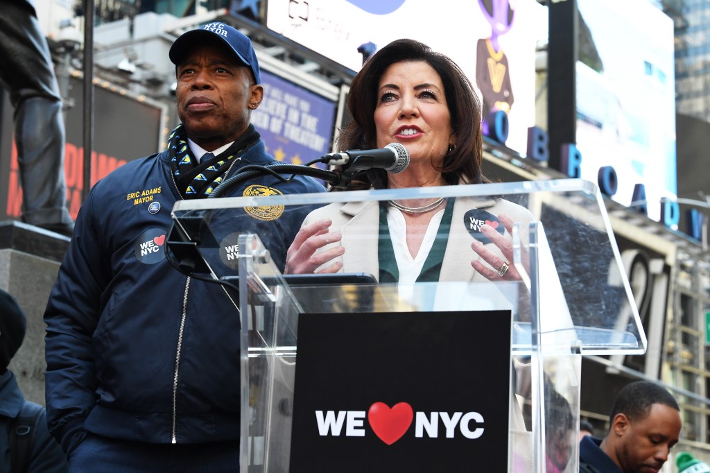 Gov. Kathy Hochul and Mayor Eric Adams at the launch event for the new campaign.