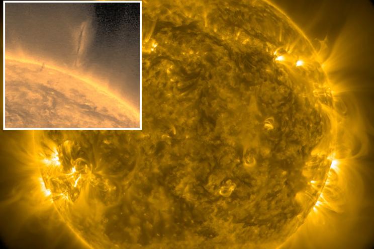 A "solar tornado" 14 times the height of Earth has been filmed tearing across the sun's surface in mind-blowing new video. The gigantic vortex, comprised of plasma and heat, was spotted by NASA's Solar Dynamic Observatory (SDO) on Friday before it dispersed the following day.