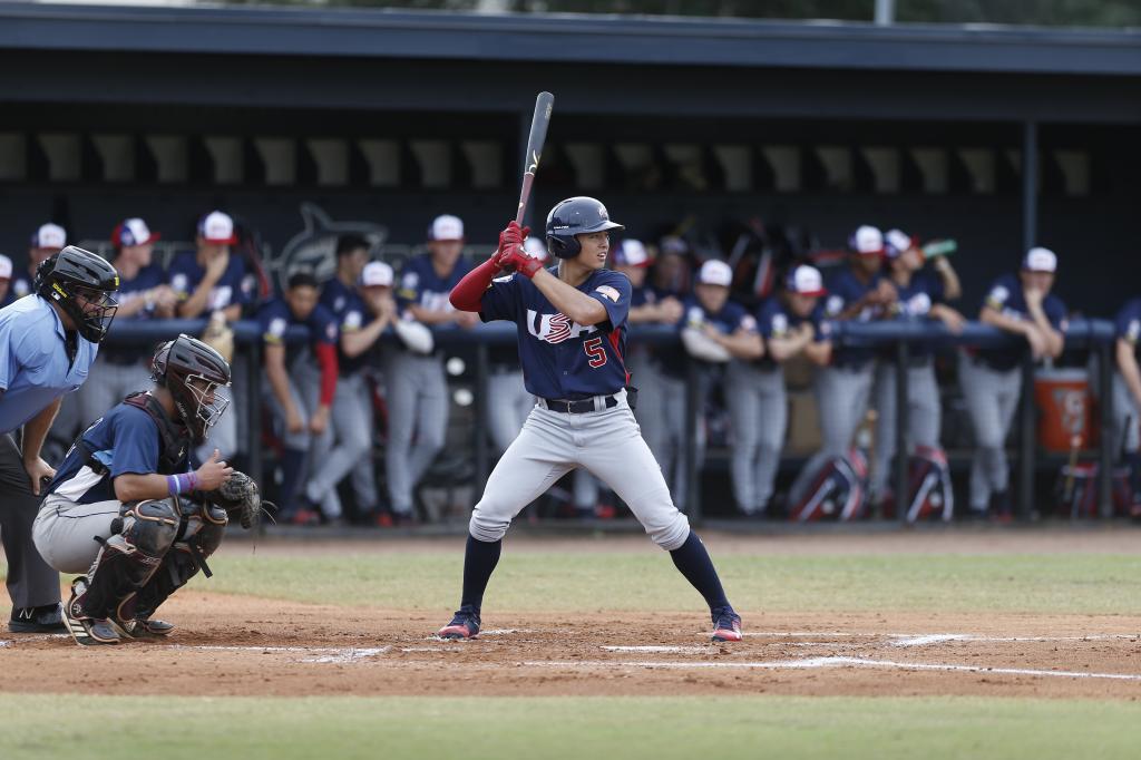 Anthony Volpe bats while playing for Team USA.