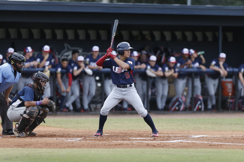 Anthony Volpe bats while playing for Team USA. 