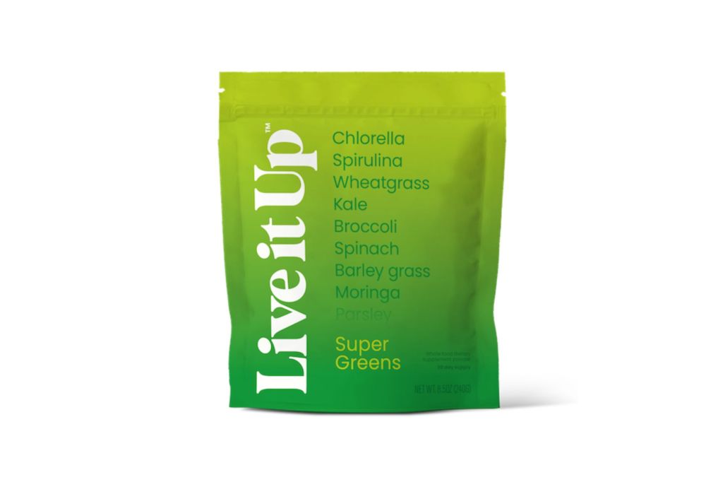 A bag of superfood green powder in a bright green bag with white lettering.