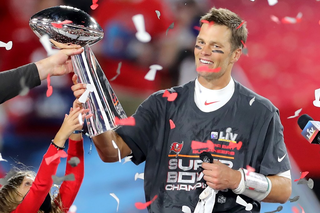 Tom Brady celebrates winning the Super Bowl with the Buccaneers on Feb. 7, 2021.