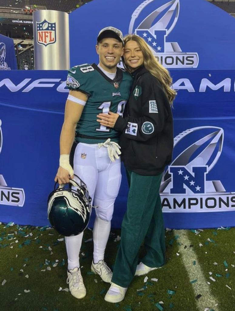 Britain Covey and his wife Leah after the Eagles defeated the 49ers in the NFC Championship Playoff Game in January 2023.