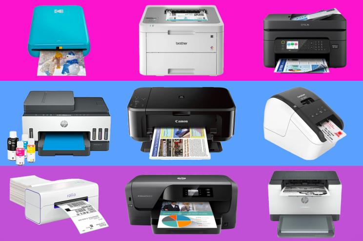 Home printers on a blue, pink, and purple striped background.