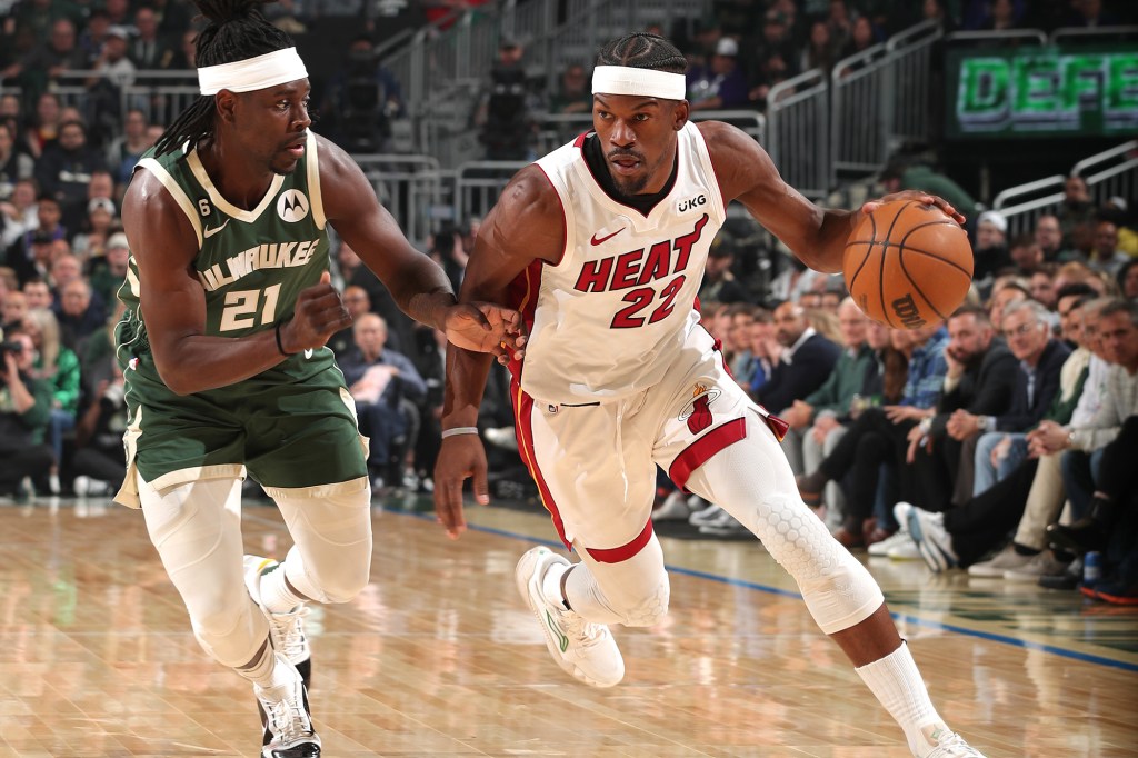 Jimmy Butler drives to the basket during Game Five of the 2023 NBA Playoffs against the Bucks.