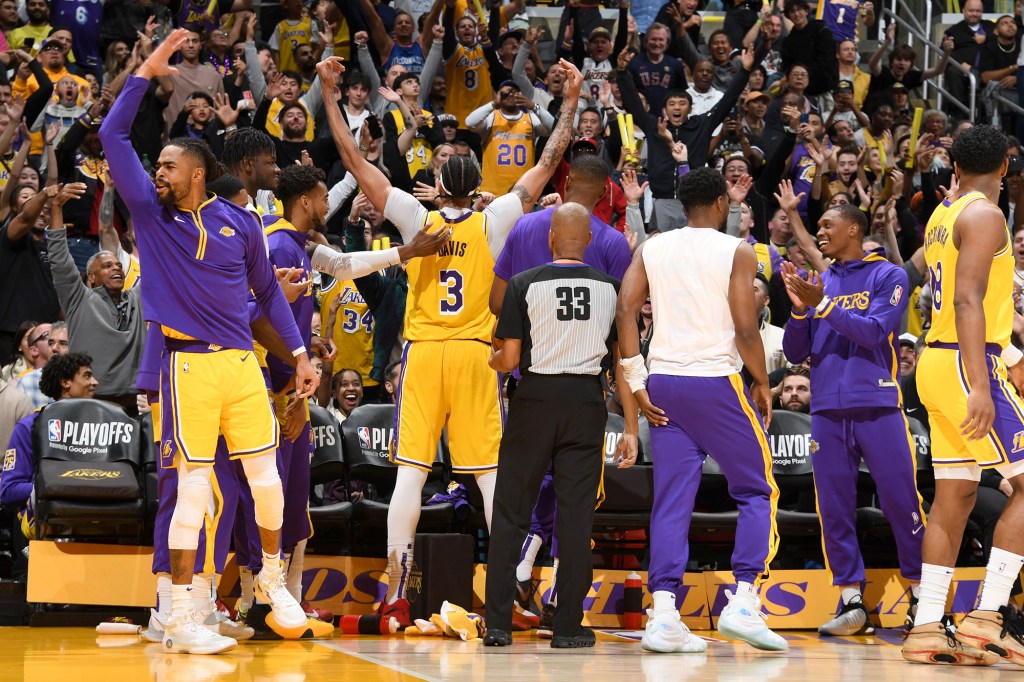 Lakers celebrate during Round 1 Game 6 of the 2023 NBA Playoffs.