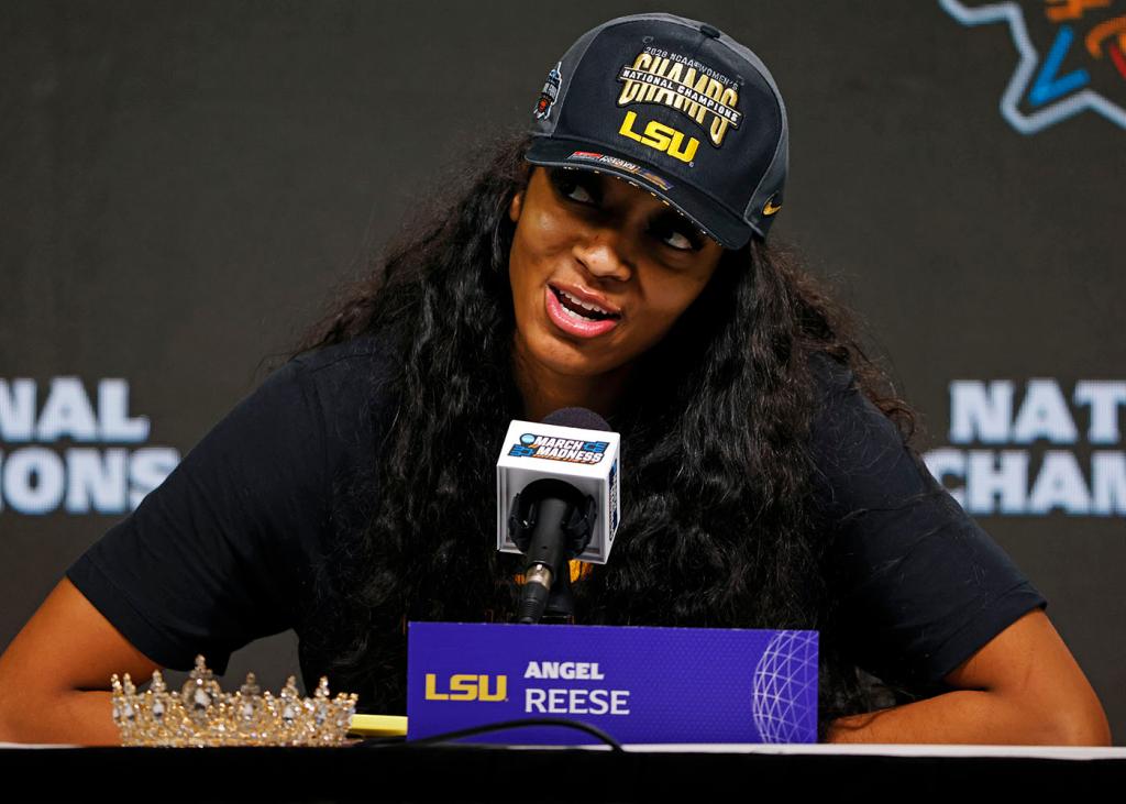 Angel Reese #10 of the LSU Lady Tigers speaks during a press conference after the LSU Lady Tigers beat the Iowa Hawkeyes 102-85 during the 2023 NCAA Women's Basketball Tournament championship game at American Airlines Center on April 2, 2023 in Dallas, Texas.