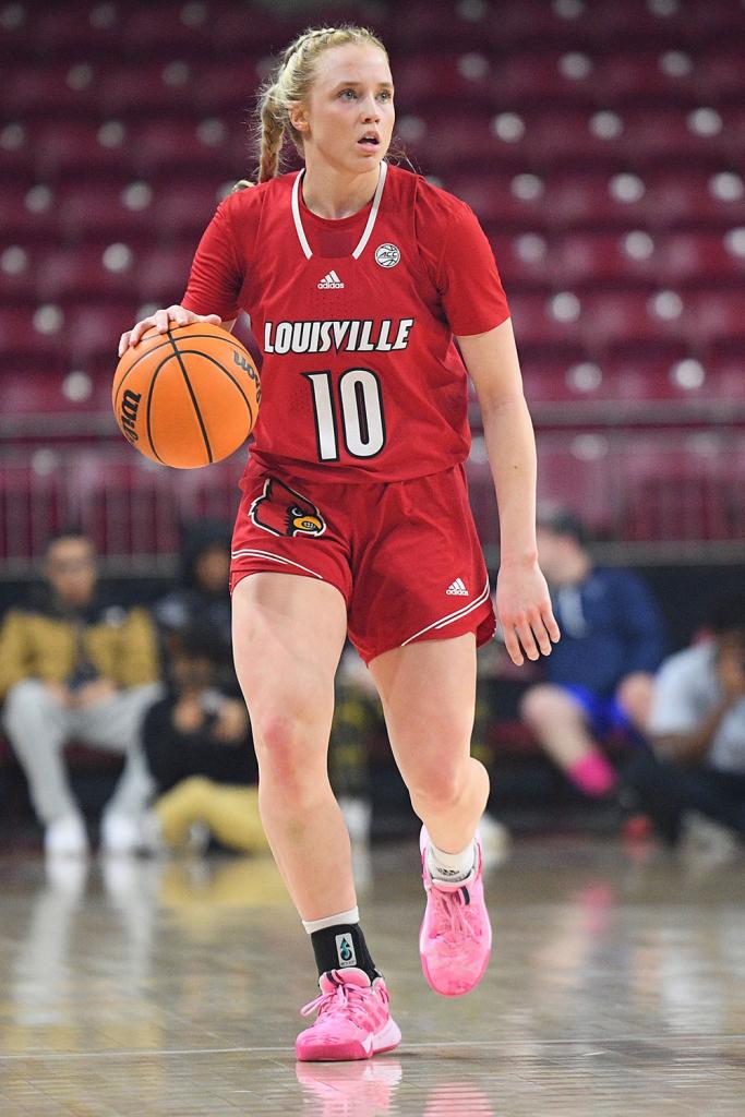 Louisville Cardinals guard Hailey Van Lith (10) dribbles the ball during a women's college basketball game between the Louisville Cardinals and the Boston College Eagles on Feb. 19, 2023, at Conte Forum in Chestnut Hill, MA.