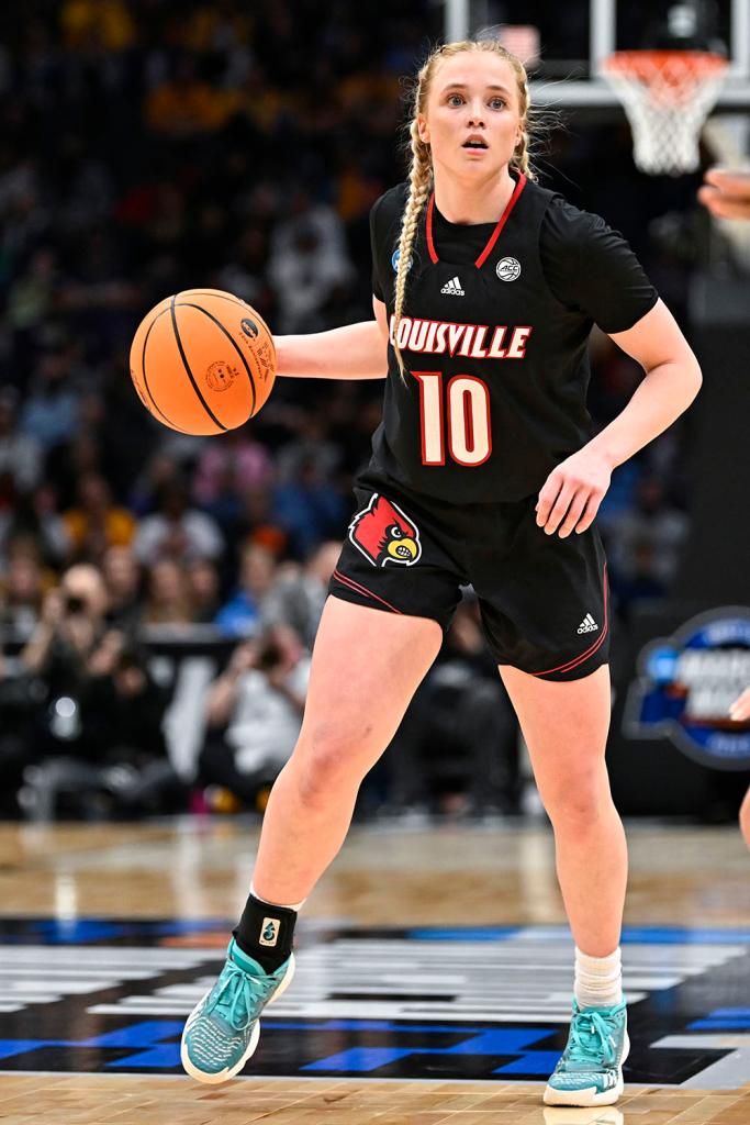 Hailey Van Lith #10 of the Louisville Cardinals dribbles the ball against the Iowa Hawkeyes during the fourth quarter in the Elite Eight round of the NCAA Women's Basketball Tournament at Climate Pledge Arena on March 26, 2023 in Seattle, Washington.