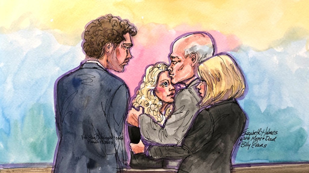 The artist rendering shows Elizabeth Holmes being comforted by her parents and partner in court.