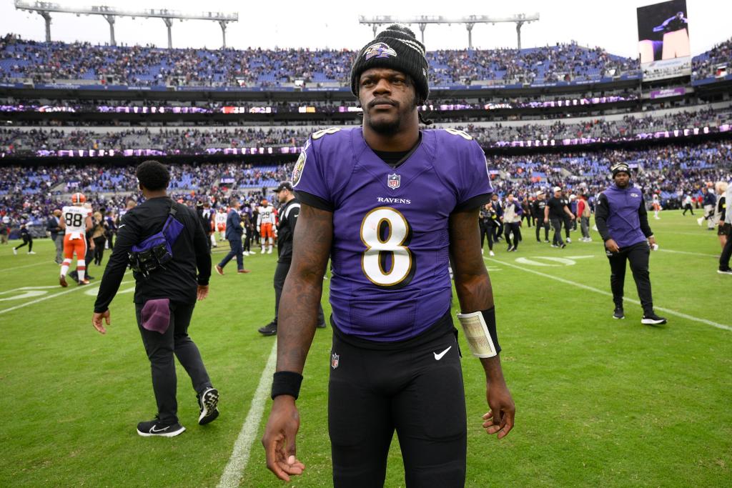 Baltimore Ravens quarterback Lamar Jackson (8) walks on the field after an NFL football game against the Cleveland Browns, Sunday, Oct. 23, 2022, in Baltimore. Lamar Jackson said Monday, March 27, 2023, he has requested a trade from the Ravens.