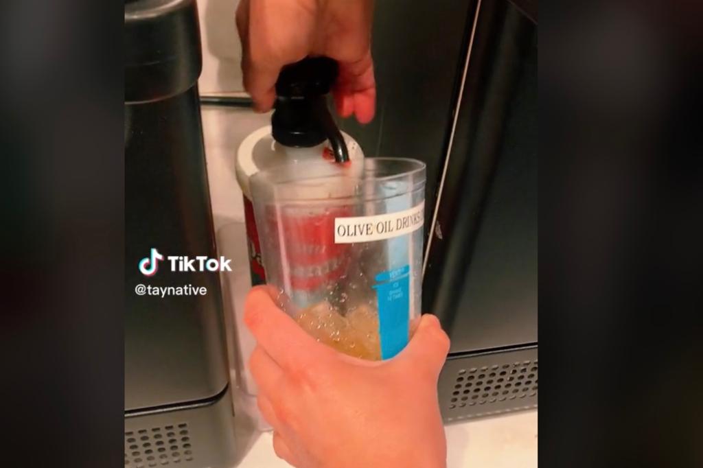 In one TikTok clip taken from the barista's point of view, the user shows a shaker specifically denoted for olive oil concoctions.