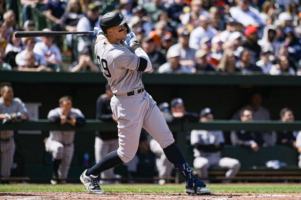 Aaron Judge hits a third-inning home run in the Yankees' win over the Orioles on April 9, 2023.