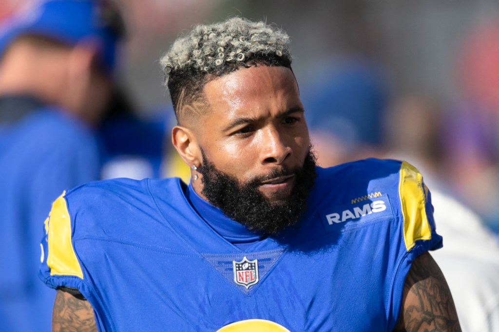 Los Angeles Rams wide receiver Odell Beckham Jr. walks on the sideline during a NFL divisional playoff football game against the Tampa Bay Buccaneers on Jan. 23, 2022, in Tampa, Fla.