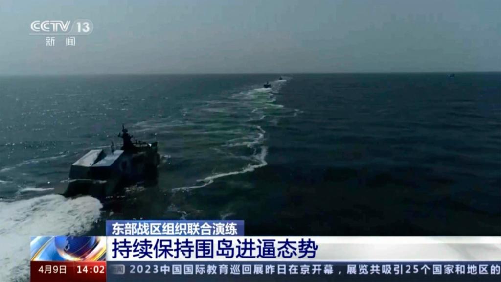 Chinese navy ships taking part in the "Joint Sword" military drills around Taiwan on April 9, 2023.