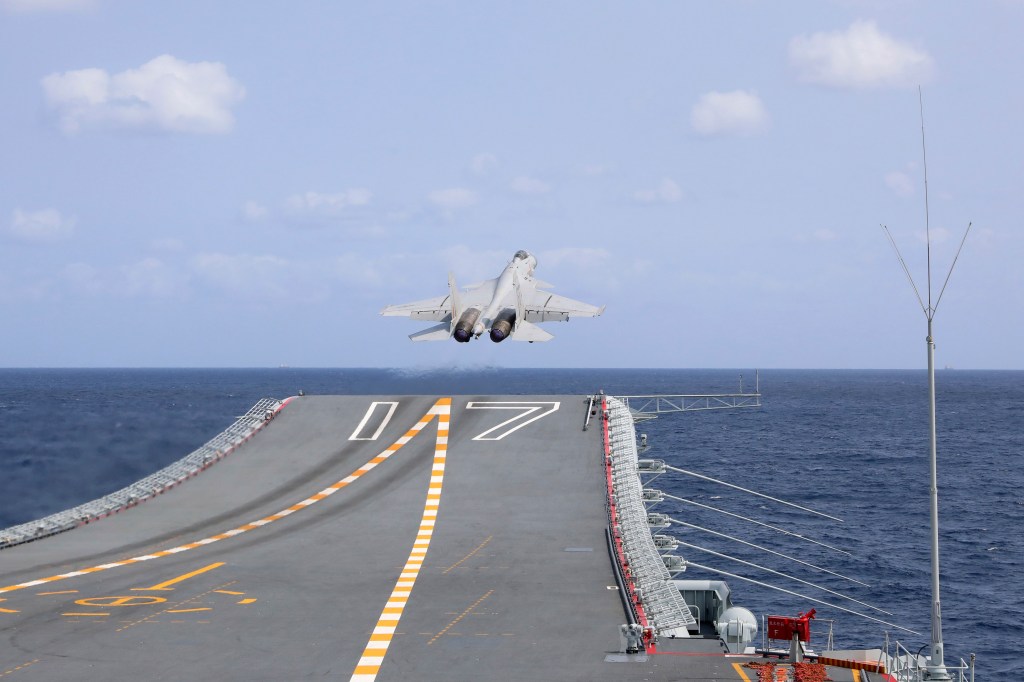 A Chinese plane taking off from the Shandong aircraft carrier during the drills on April 9, 2023.