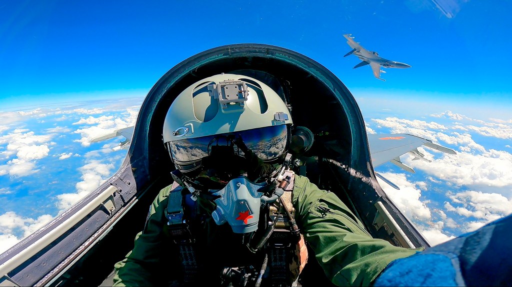 A photo released of a Chinese fighter jet pilot taking part in the drills around Taiwan.