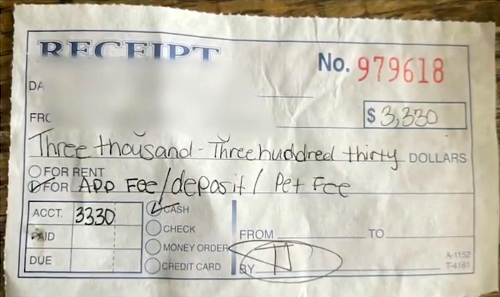 Receipt for rental fees and deposits