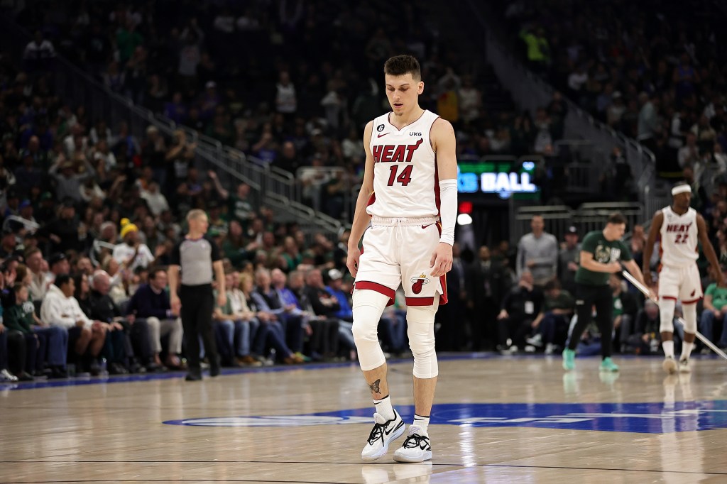 Tyler Herro walks backcourt during the first half of Game One of the Eastern Conference First Round Playoffs.