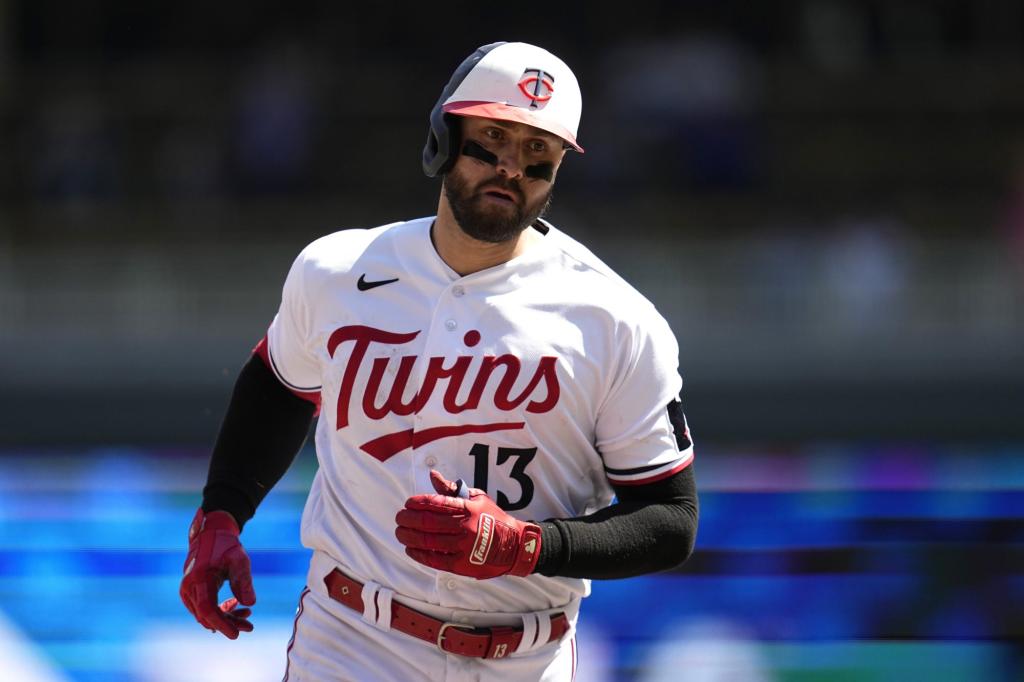 Minnesota Twins' Joey Gallo (13) runs the bases after hitting a two-run home run against the New York Yankees during the sixth inning of a baseball game Wednesday, April 26, 2023, in Minneapolis.