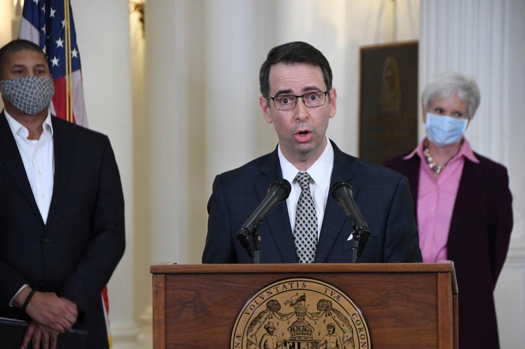 McGrath, chief executive officer of the Maryland Environmental Service, speaks during a news conference at the State House in Annapolis, Md., on April 15, 2020.