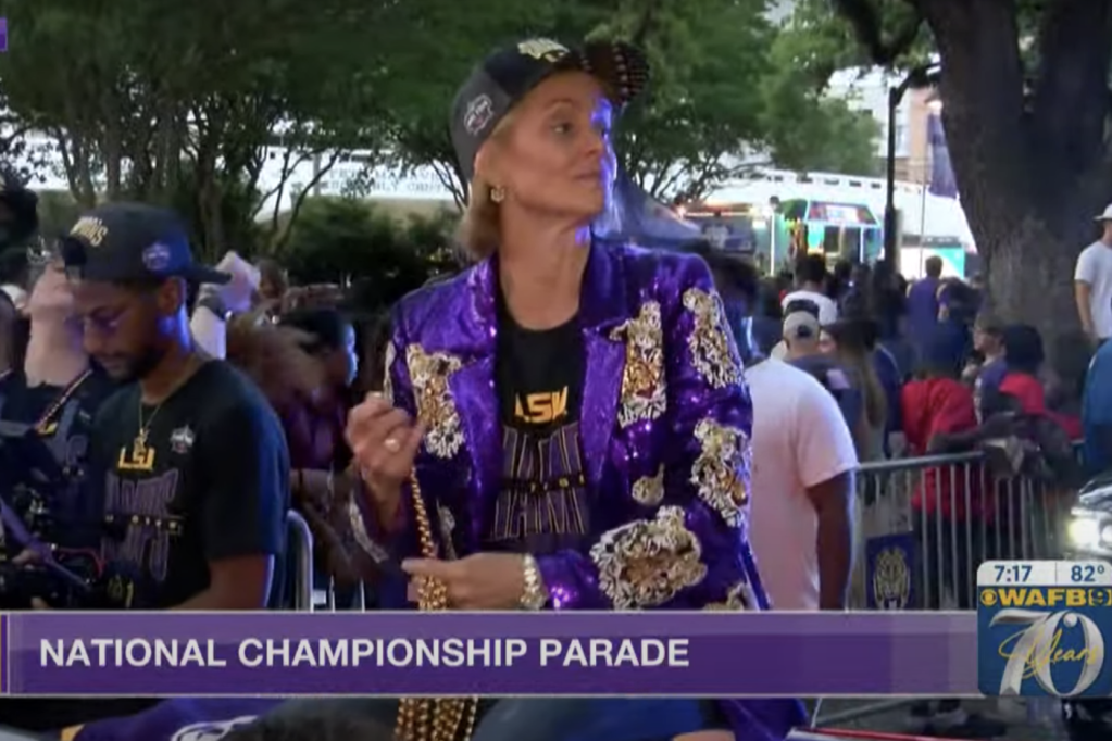 Kim Mulkey's LSU-inspired outfit for the Tiger's championship parade on Wednesday.