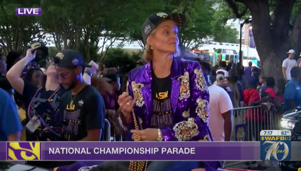 Kim Mulkey's LSU-inspired outfit for the Tiger's championship parade on Wednesday.