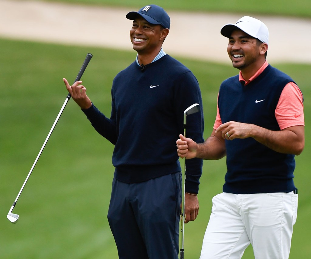 Tiger Woods and Jason Day of Australia during the MGM Resorts The Challenge: Japan Skins at Accordia Golf Narashino Country Club on Oct. 21, 2019 in Chiba, Japan.  