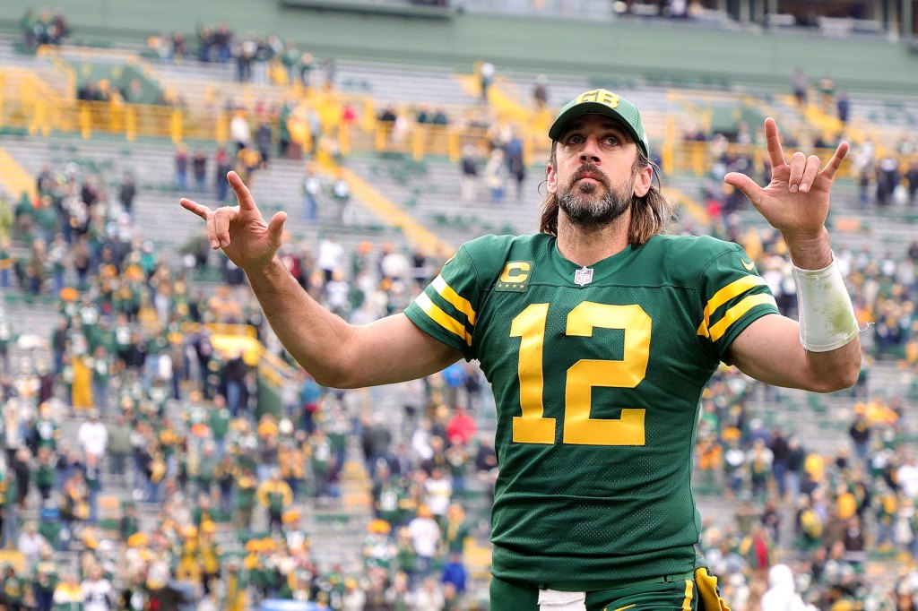 Aaron Rodgers #12 of the Green Bay Packers celebrates 