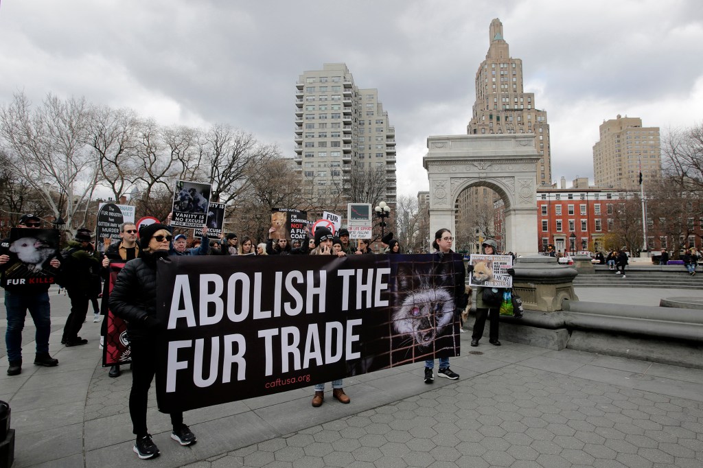 Animals rights activists held a protest in front of three big fashion brands to abolish the fur trade on March 11, 2023 in New York City. 